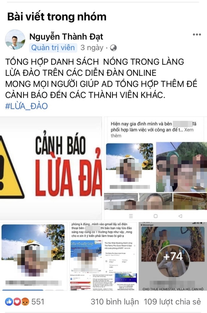 Bài đăng cảnh báo lừa đảo gần đây của anh Đạt trên nhóm thanh lý voucher với hình đăng hàng trăm tài khoản ảo lừa tiền cọc của du khách trên mạng xã hội.